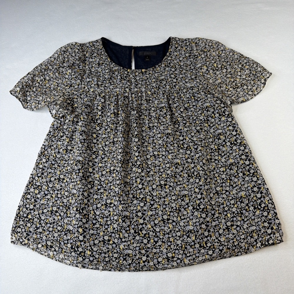 J.Crew Silk Floral Blouse Women's Size 2 Navy Short Sleeve Lined Top